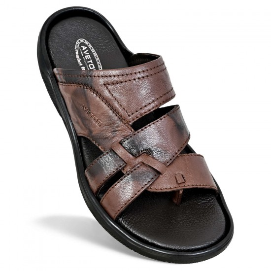 Avetos Brown Original Leather Slippers For Men AV 140