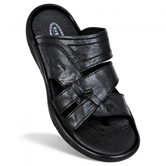 Avetos Black Original Leather Slippers For Men AV 140