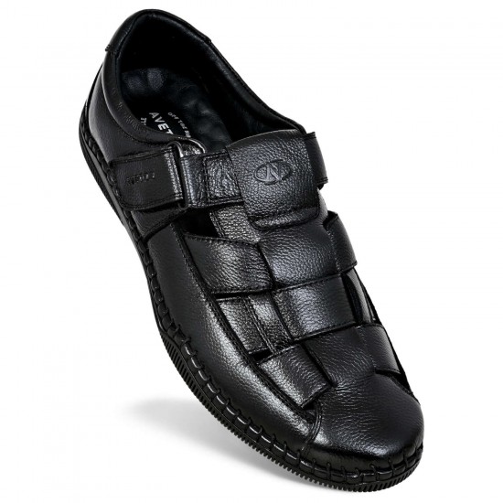 Avetos Bantu Black Leather Sandals For Mens AV 623