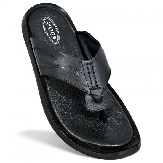 Avetos Black Original Leather Slippers For Men AV 135