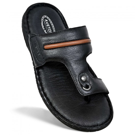 Avetos Black Original Leather Slippers For Men AV 139