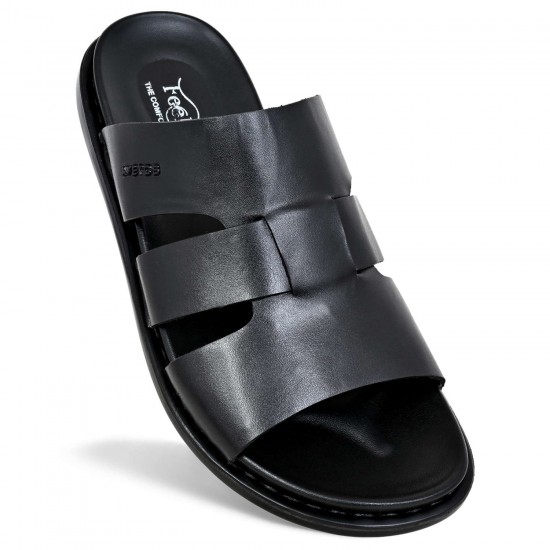 Avetos Black Original Leather Slippers For Men AV 142